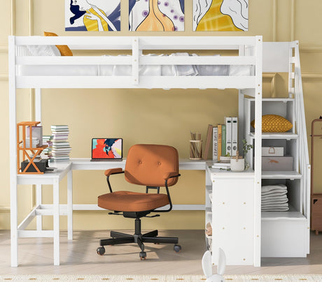 Merax White Full Size Loft Bed with L-Shaped Desk, Storage Shelves, and Attached Stairs Merax