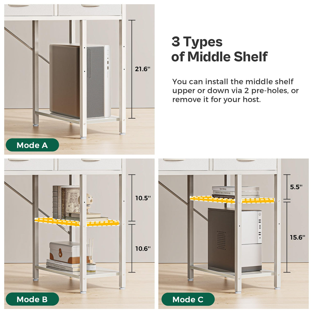 Huuger Computer Desk with 6 Drawers, 54 Inch Office Desk with Shelves, Reversible Gaming Desk, Corner Desk with Storage, Work Desk for Home Office, Study, Living Room, White Huuger