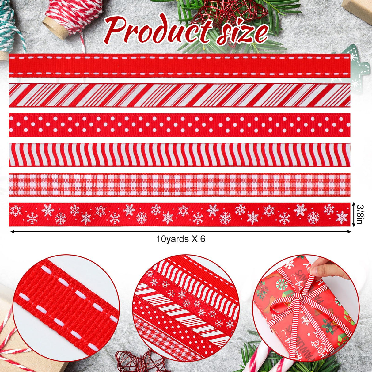 HunnmingRe 60 Yards 3/8" Christmas Ribbon for Crafts Red and White Thin Grosgrain Ribbon Christmas Ribbon for Gift Wrapping DIY Holiday Xmas Decorations Hair Bow Festival Holiday Party HunnmingRe