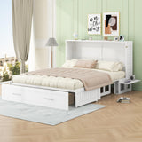 Ball & Cast Mobile Murphy Bed Queen Size with A Big Storage Drawer and 2 Bedside Shelves on Each Side,Hideaway Foldable Fold-Down Bed w/Slat Support,Space-Saving Bedframe for Bedroom,White Ball & Cast