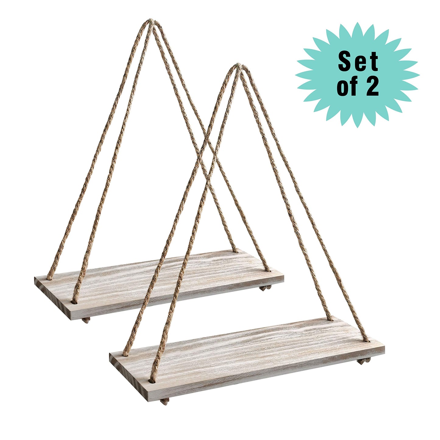 EMAISON Hanging Distressed Wood Floating Shelves with Swing Rope, Farmhouse Organizer Rustic Home Décor, Set of 2 (Set of 2, White Wash)