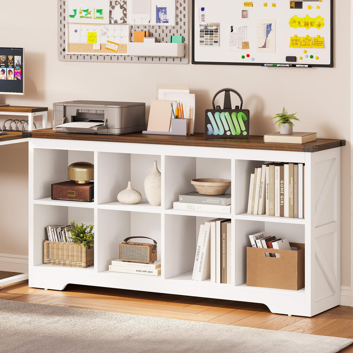 YITAHOME 8 Cube Storage Organizer Bookshelf, Horizontal Bookshelf Farmhouse Cubby Bookcase for Living Room, Bedroom, Home Office, White YITAHOME