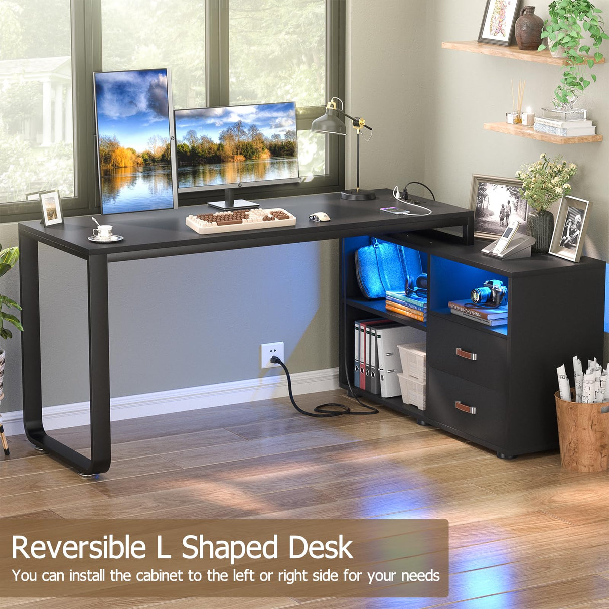 Homieasy L Shaped Desk with File Cabinet & Power Outlet, Reversible 55 Inch Large Corner Computer Desks with LED Strip, L-Shaped Computer Desk with Homieasy