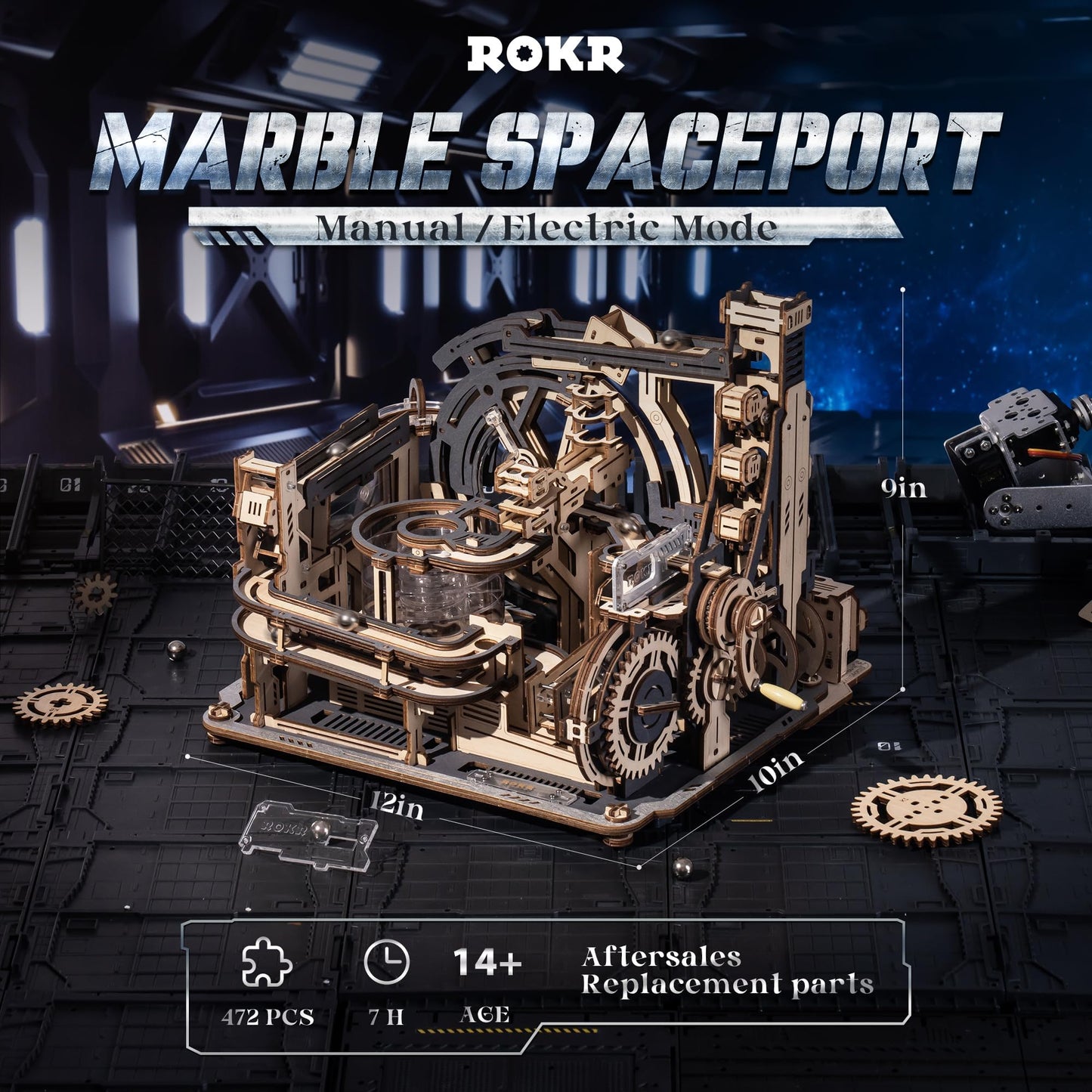 ROKR 3D Puzzles for Adults, Electric Model Kits Marble Spaceport LGC01, 472pcs Marble Run Brain Teaser Wooden Puzzles Building Toy, Desk Decor Creative Birthday Gifts for Men/Women/Teens 14+