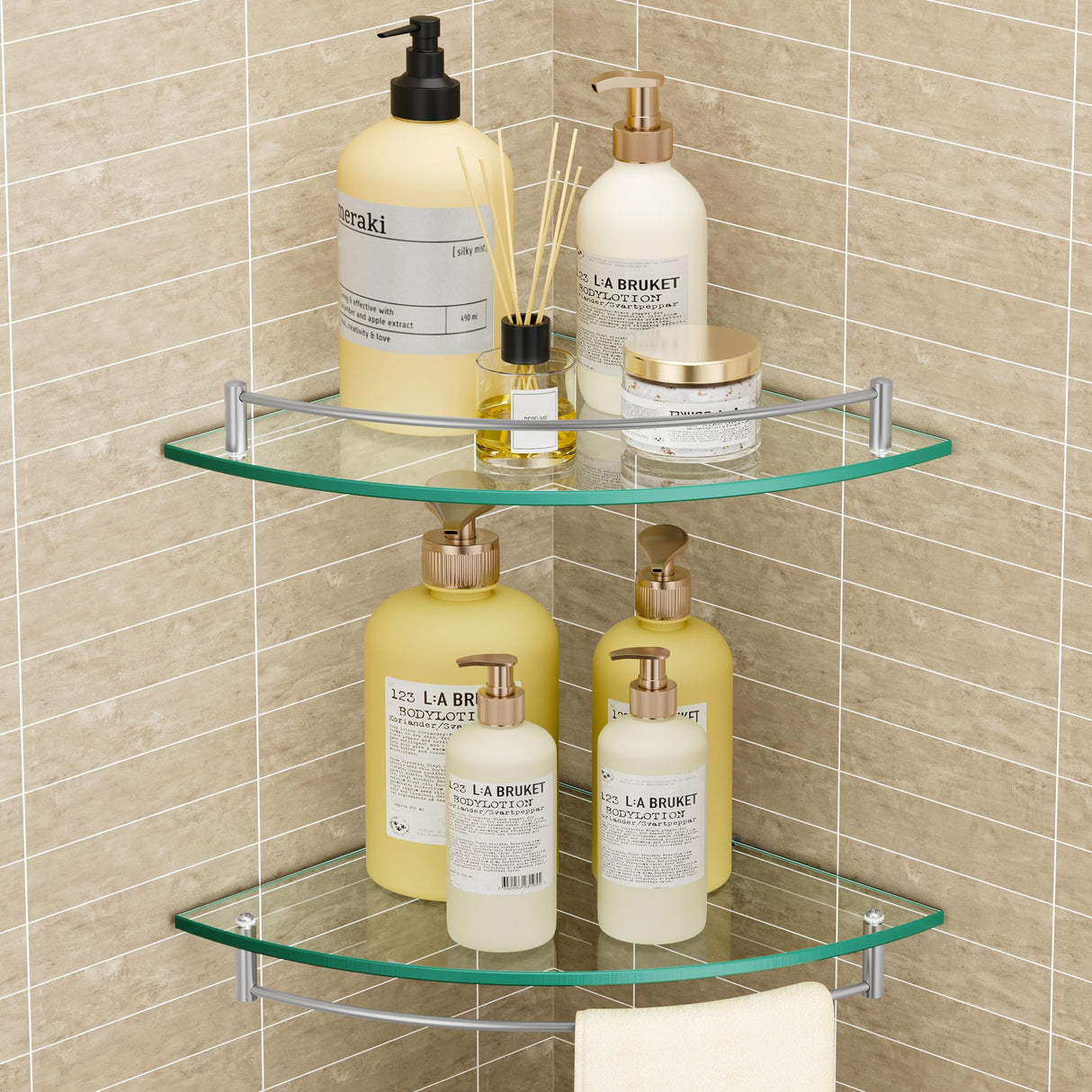 KES Glass Corner Shelf for Bathroom Corner Shelf 2 Pack Tempered Glass Shelf with Rail SUS 304 Stainless Steel Wall Mounted Brushed Finish, BGS2101A-2-P2 KES