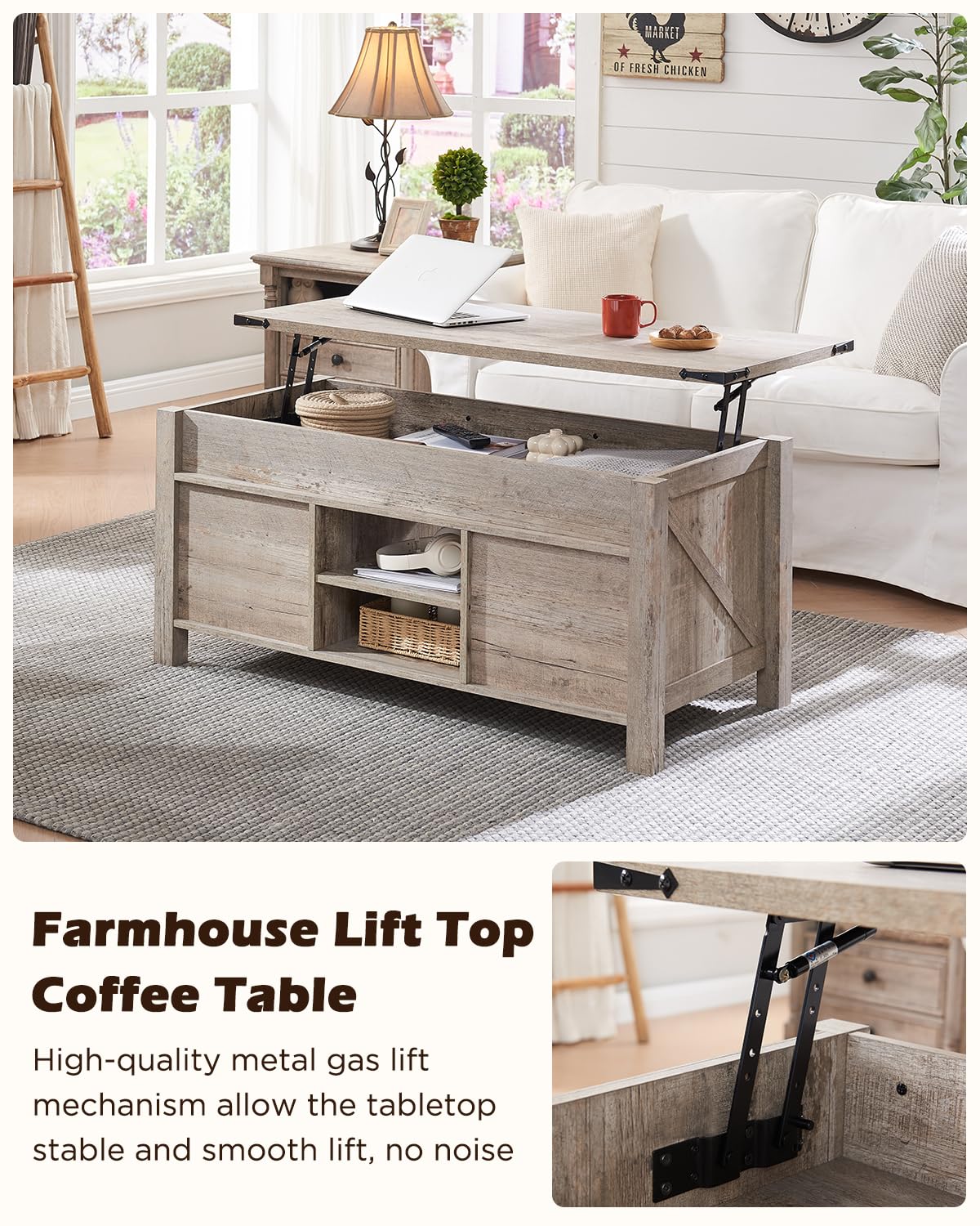 OKD 48" Farmhouse Lift Top Coffee Table with Sliding Barn Door,Rustic Center Table with Hidden Storage Compartment,Lifting Tabletop and Adjustable Shelf for Living Room,Office,Light Rustic Oa - WoodArtSupply