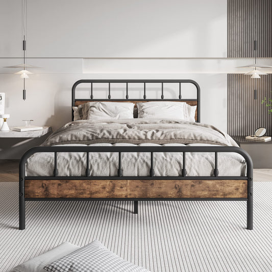 Elegant Home Products Black Queen Bed Frame with Wood Headboard - Sturdy Metal Platform Design, Easy Assembly & No Box Spring Needed - WoodArtSupply