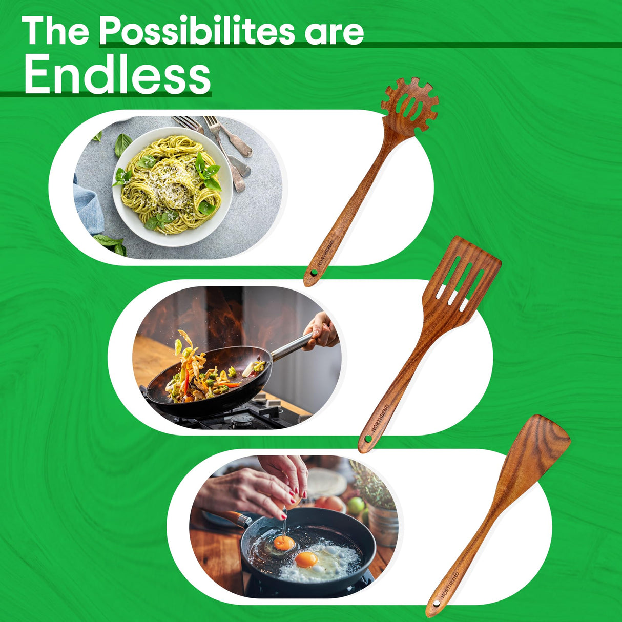 Wooden Kitchen Utensil Set - Teak Wood Cooking Utensil Sets Include Wooden Utensil Holder, Wooden Spatula, Spaghetti Spoon, Cleaning Brush & More - Durable Heat Resistant Wood Utensils Set for Cooking Northbend