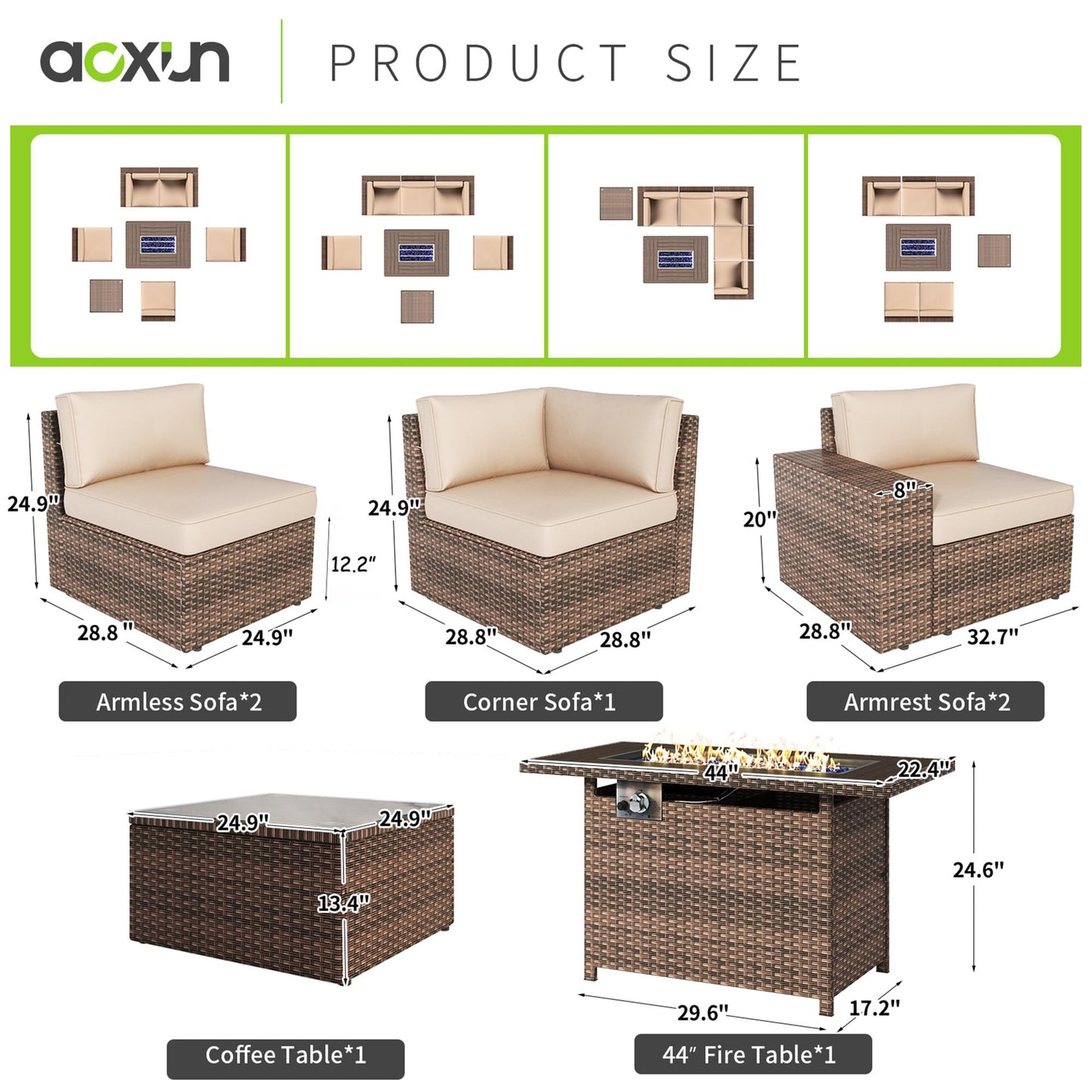 Aoxun 7 Pieces Patio Furniture Set Outdoor Wicker Rattan Furniture 44” Fire Pit Table Outdoor Sectional Sofa Include Waterproof Cover with Thickened Cushions (7 Piece, Beige) - WoodArtSupply