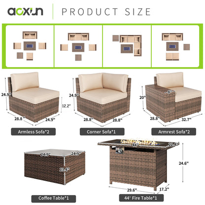 Aoxun 7 Pieces Patio Furniture Set Outdoor Wicker Rattan Furniture 44” Fire Pit Table Outdoor Sectional Sofa Include Waterproof Cover with Thickened Cushions (7 Piece, Beige) - WoodArtSupply