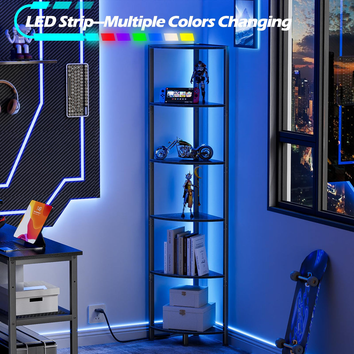 Furnulem 6 Tier LED Corner Shelf - 67.5” Tall Black Oak Storage and Display Unit Furnulem