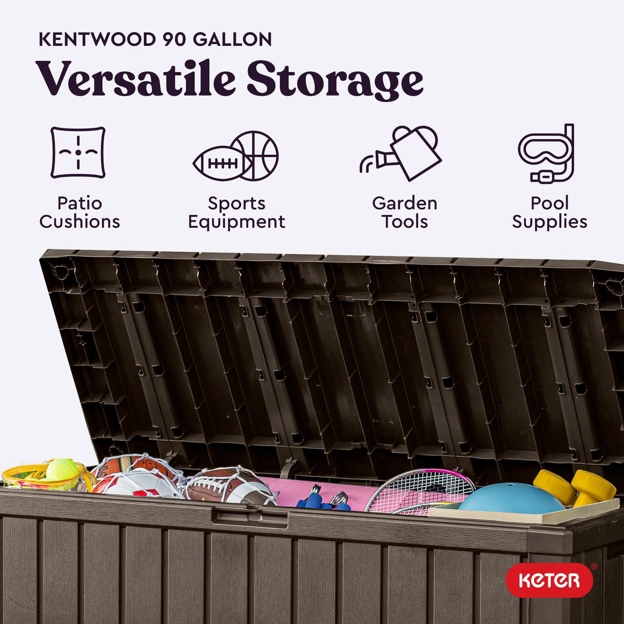 Keter Kentwood 92 Gallon Resin Deck Box-Organization and Storage for Patio Furniture Outdoor Cushions, Throw Pillows, Garden Tools and Pool Floats, Brown Keter