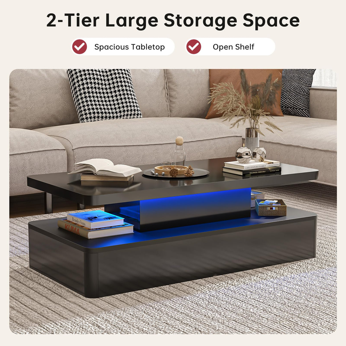 oneinmil Modern LED Coffee Table, 40" Living Room Tables with 16 Colors LED Lights, Double-Layer Design, Stylish Coffee Tables for Living Room, Black oneinmil