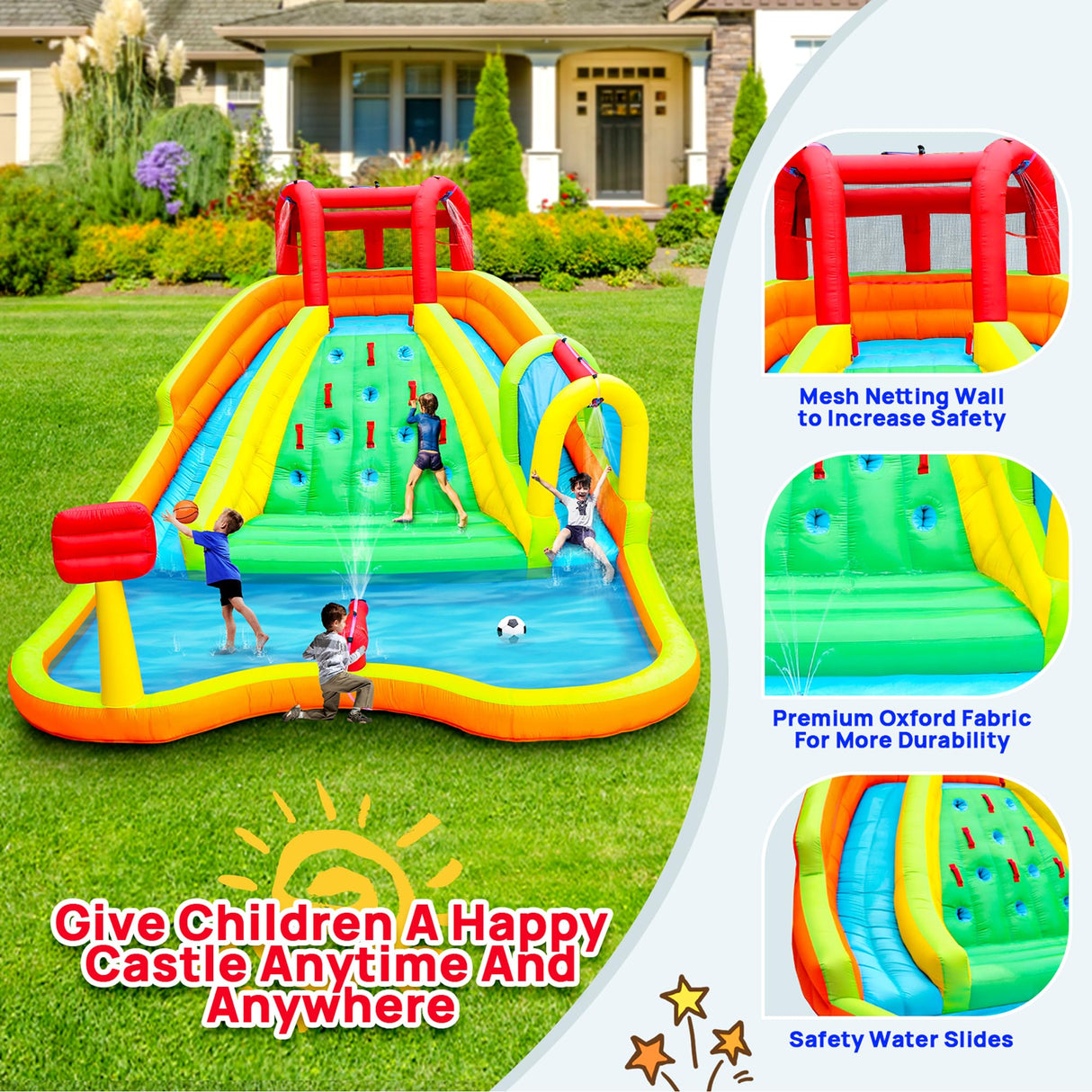 WELLFUNTIME Inflatable Water Double Slides Park, Bounce House with Arched Water Gun Spray, Jumping Castle with Air Blower WELLFUNTIME