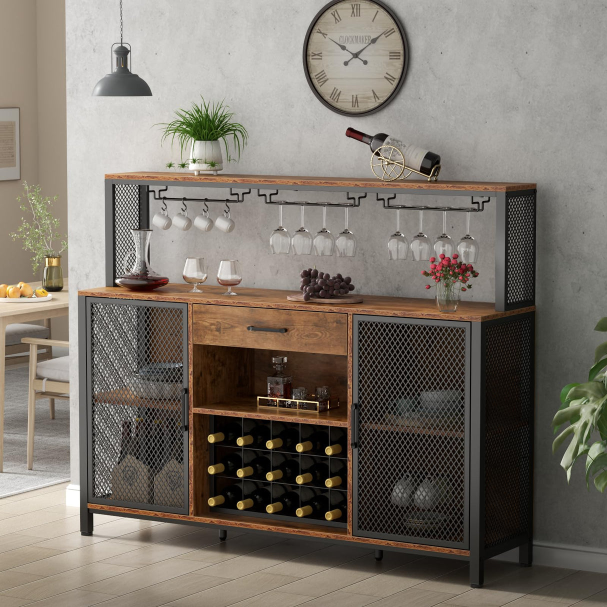 Gyfimoie Wine Bar Cabinet with Drawer, LED 55 Inches Industry Coffee Bar Cabinet with Wine Rack and Glass Goblet Holder, Kitchen Sideboard Buffet Cabinet for Liquor and Goblet Gyfimoie