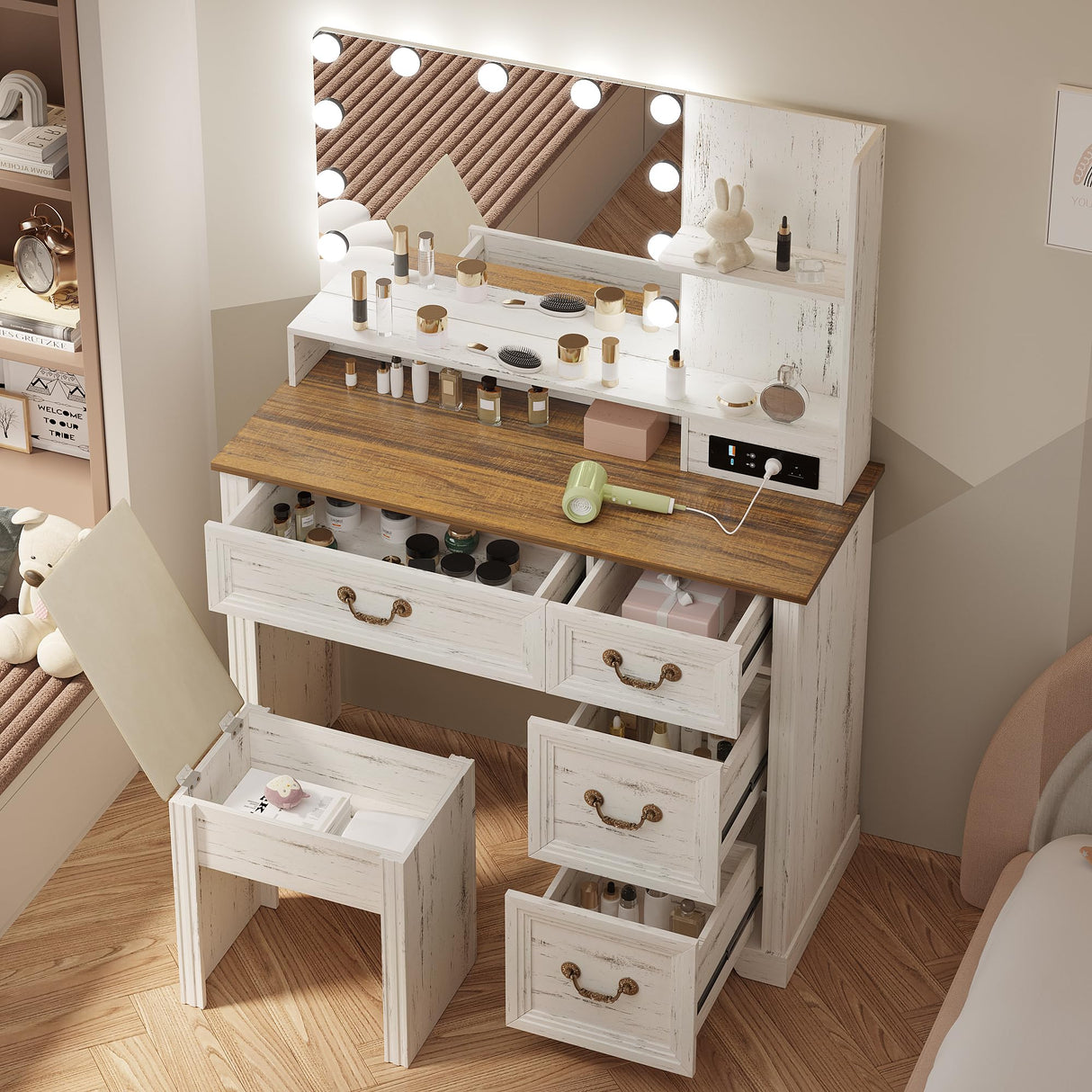 Lareth Farmhouse Vanity Desk with Lighted Mirror & Power Outlet, 39 inch Rustic Makeup Vanity Table with Drawers and Stool, Hollywood Mirror with 3-Color Lights, White Dressing Table for Women Girls Lareth