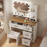 Lareth Farmhouse Vanity Desk with Lighted Mirror & Power Outlet, 39 inch Rustic Makeup Vanity Table with Drawers and Stool, Hollywood Mirror with 3-Color Lights, White Dressing Table for Women Girls Lareth