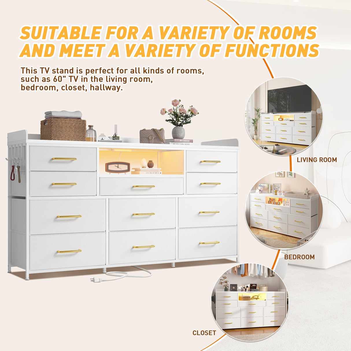 EnHomee Dresser for Bedroom with 11 Drawers for 60" TV Stand for Bedroom with LED Lights & Charging Station Long Dresser with Shelves & 4 Hooks Sturdy Metal Frame & Fabric Drawers (White) EnHomee