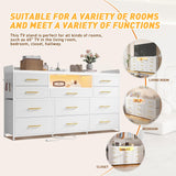 EnHomee Dresser for Bedroom with 11 Drawers for 60" TV Stand for Bedroom with LED Lights & Charging Station Long Dresser with Shelves & 4 Hooks Sturdy Metal Frame & Fabric Drawers (White) EnHomee