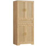 Iwell Tall Storage Cabinet with 2 Adjustable Shelves & Large Drawer, Rattan Cabinet with 4 Doors, Pantry Cabinets for Dining Room, Living Room, Home Office, Natural Iwell