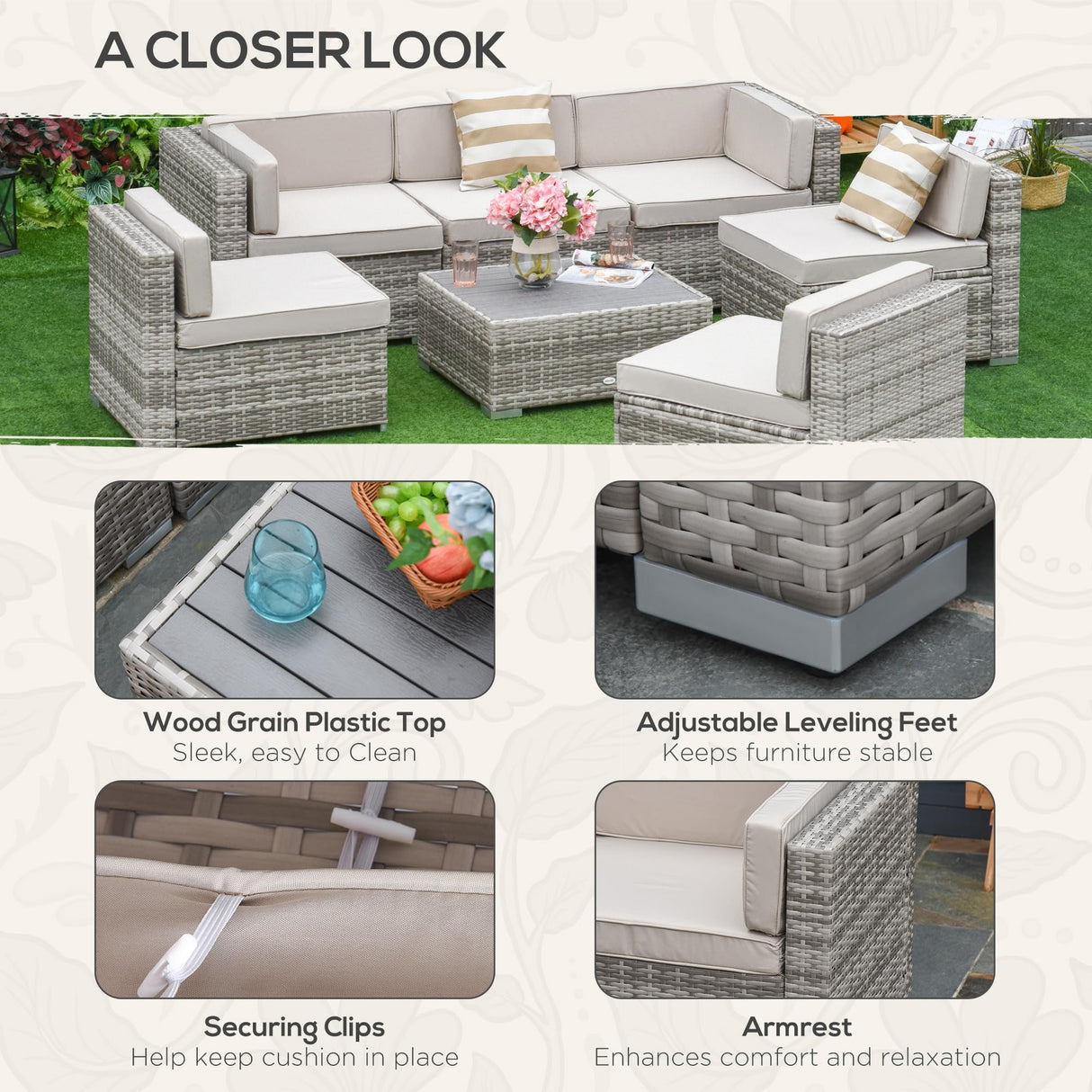 Outsunny 7-Piece Patio Furniture Set, Outdoor Wicker Conversation Set, All Weather PE Rattan Sectional Sofa Set with Cushions and Faux Wood Table, Stripe Pillows, Beige Outsunny