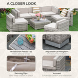 Outsunny 7-Piece Patio Furniture Set, Outdoor Wicker Conversation Set, All Weather PE Rattan Sectional Sofa Set with Cushions and Faux Wood Table, Stripe Pillows, Beige Outsunny