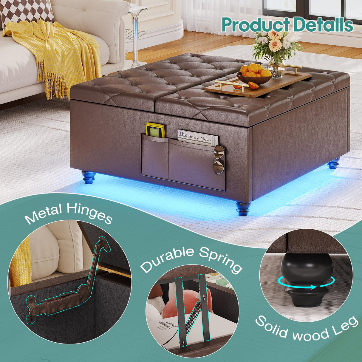 busyaeh Storage Ottoman Coffee Table,Square Ottoman Bench with Charging Station and LED Lights,Velvet Buttons Large Ottoman with Storage with Lift Top&Solid Wood Legs for Living Room Bedroom (Brown) busyaeh
