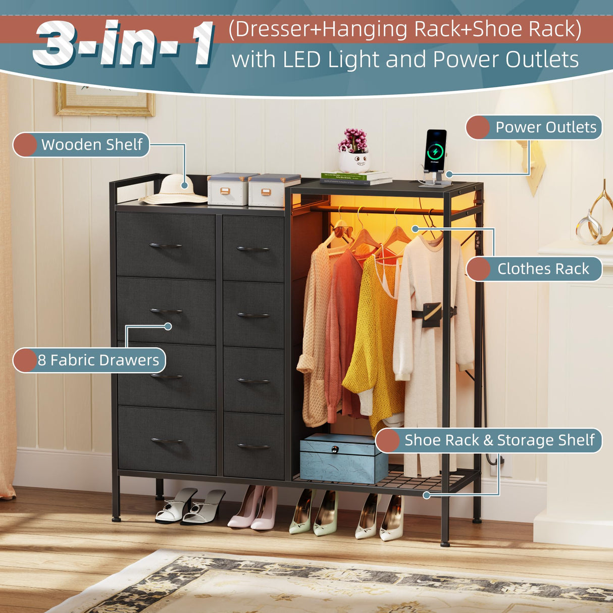 HIGDBFE 8-Drawer Dresser with Hanging Rack, Bedroom Dresser with Charging Station & LED Lights, Kids Dressers with Shoe Rack for Clothes Storage, Chest of Drawers for Bedroom, Closet, Black HIGDBFE
