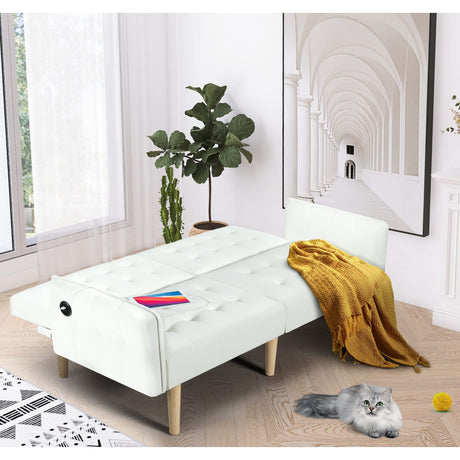 TYBOATLE Modern Faux Leather Upholstered Convertible USB Folding Futon Sofa Bed, 65" Couch, Love Seats Furniture for Small Space Configuration, Apartment, Dorm, Living Room, Office (White) TYBOATLE