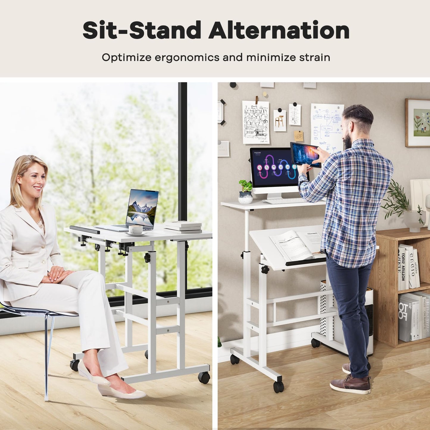 Tangkula Mobile Standing Desk Stand Up Desk, Height Adjustable Home Office Desk with Standing & Seating 2 Modes, Tilting Tabletop & Flexible Wheels, Rolling Laptop Cart Sit Stand Desk (White)