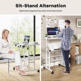 Tangkula Mobile Standing Desk Stand Up Desk, Height Adjustable Home Office Desk with Standing & Seating 2 Modes, Tilting Tabletop & Flexible Wheels, Rolling Laptop Cart Sit Stand Desk (White) Tangkula
