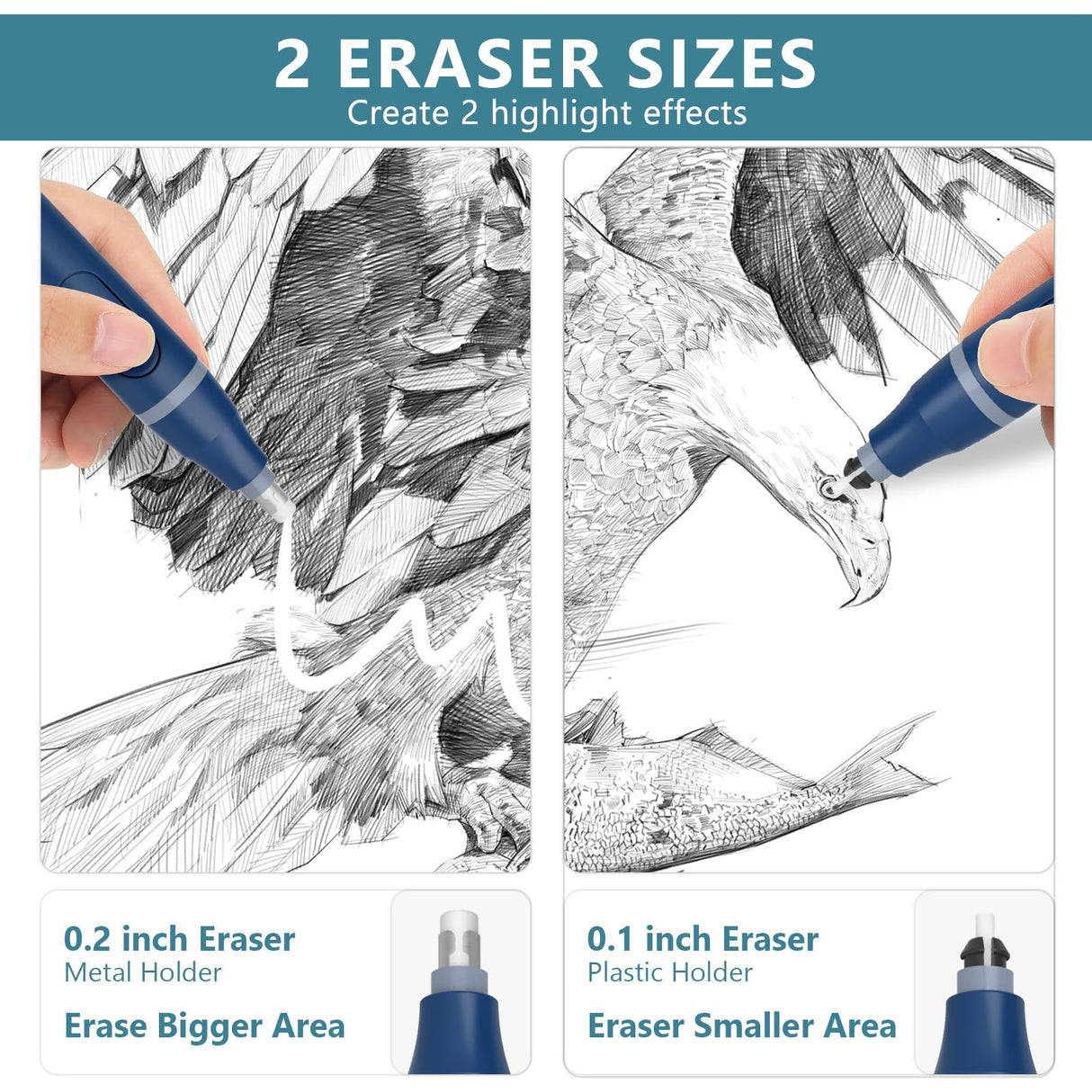 Foyucool Electric Eraser, Battery Operated Automatic Pencil Eraser with 220 Erasers Refills, 2 Erasers Sizes, Comfort Grip Art-Eraser for Drawing, Ideal for Artists, Students, Sketch, Engineers, Blue Foyucool