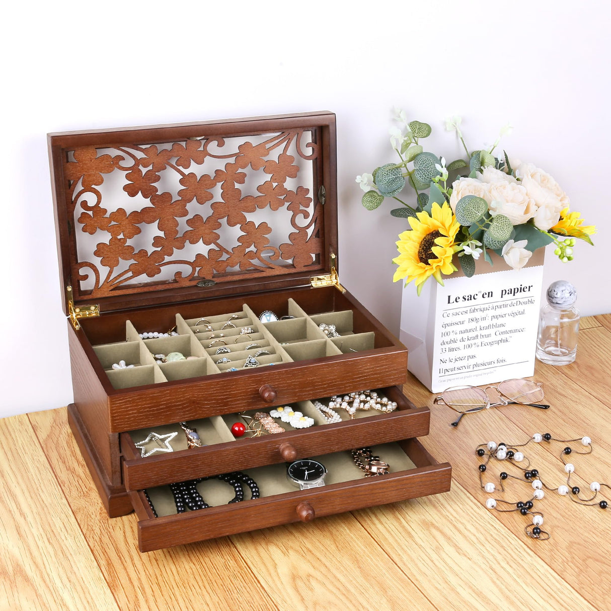 Kendal Wooden Jewelry Box for Women, Real Wooden Jewelry Holder Organizer Box with Four Leaf Clover Patterns, Graduation Gift Jewelry Boxes for Storage Earrings Rings Bracelet, Ideal Gift for Mom Kendal