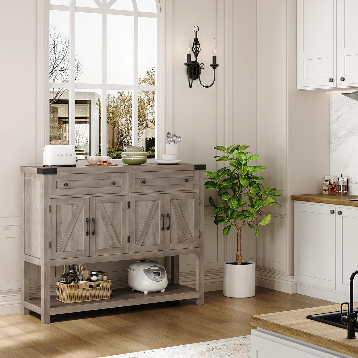 HOSTACK Buffet Sideboard Cabinet with Storage, 47.2" Modern Farmhouse Coffee Bar with 2 Drawers, Barn Doors Console Table with Shelf for Kitchen, Dining Room, Living Room, Entryway (Ash Grey) HOSTACK