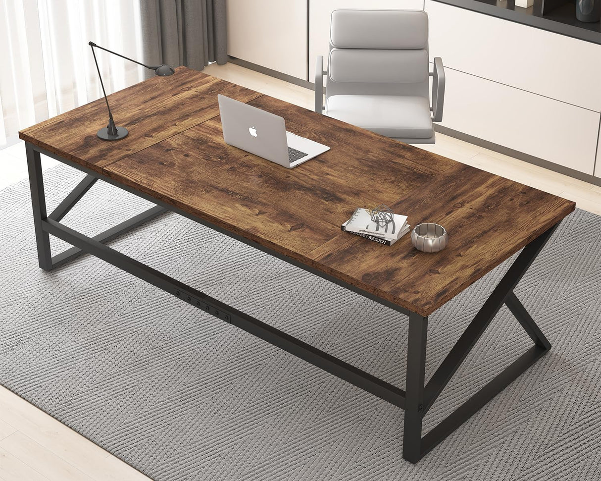 HSH Large Rustic Brown Computer Desk, 70 Inch Home Office Metal Wood Desk for 2 Person, Farmhouse Extra Long Writing Study Gaming Desk Table, Bedroom Living Room PC Laptop Dual Monitor Desk HSH