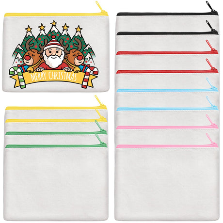 12Pcs Canvas Makeup Bags Bulk, 7.87 x 5.7 Inch Cotton Sublimation Blank DIY Heat Transfer Cosmetic Makeup Bag w/Colorful Zipper for Bridesmaid Makeup Bag Travel Toiletry Pouch Storage, Christmas Craft AMDAILY