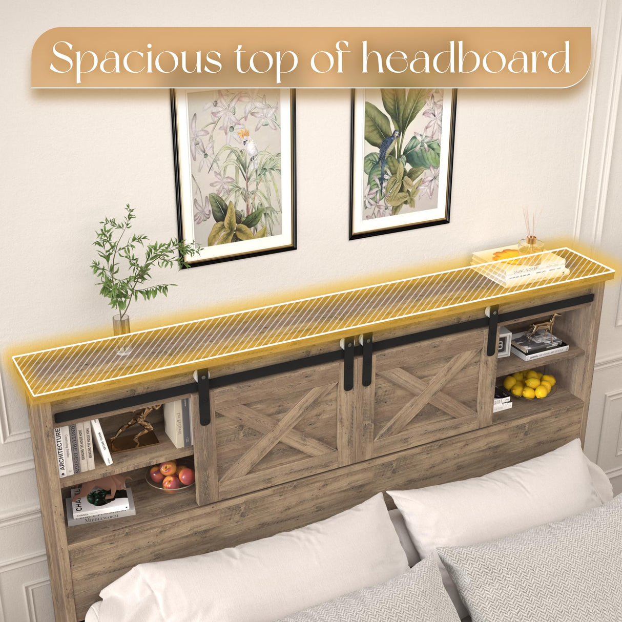 HMYFGD Farmhouse Queen Size Bed Frame with Storage Bookcase Headboard, Wooden Bed with LED Lights, Charging Station, 2 Drawers, Rustic Bed Frame with Sliding Barn Door for Bedroom (Grey Oak, Queen) HMYFGD