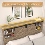 HMYFGD Farmhouse Queen Size Bed Frame with Storage Bookcase Headboard, Wooden Bed with LED Lights, Charging Station, 2 Drawers, Rustic Bed Frame with Sliding Barn Door for Bedroom (Grey Oak, Queen) HMYFGD