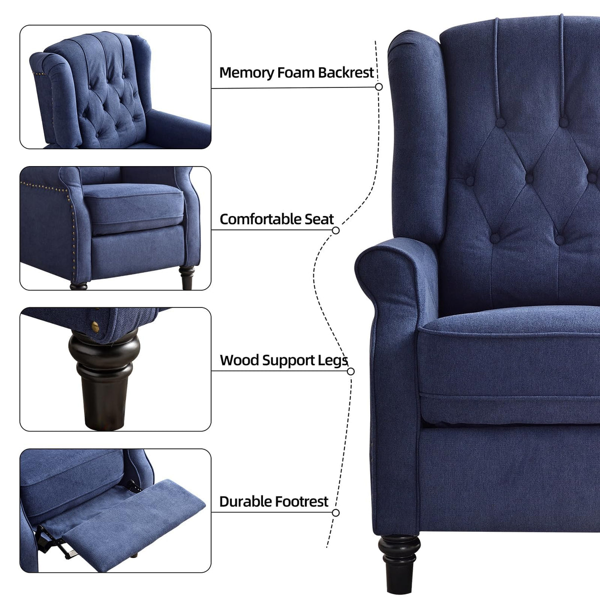 EBELLO Pushback Recliner Chair, Fabric Armchair Push Back Recliner with Rivet Decoration, Single Sofa Accent Chair for Living Room, Bedroom, Navy Blue EBELLO
