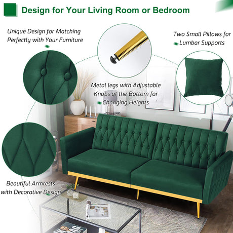 ACMEASE 70” Velvet Futon Sofa Bed w/Adjustable Backrests and Armrests, Convertible Futon Couch with 2 Pillows, Modern Tufted Sleeper Bed for Living Room, Bedroom,Green ACMEASE