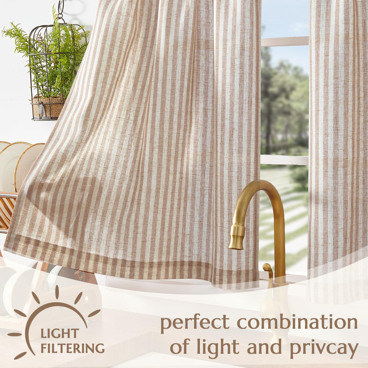 jinchan Striped Linen Kitchen Curtains 24 Inches Length Tier Curtains Farmhouse Modern Cafe Style Small Window Treatments Airy Light Filtering Rod Pocket for Living Room Bathroom 2 Panels Tan jinchan