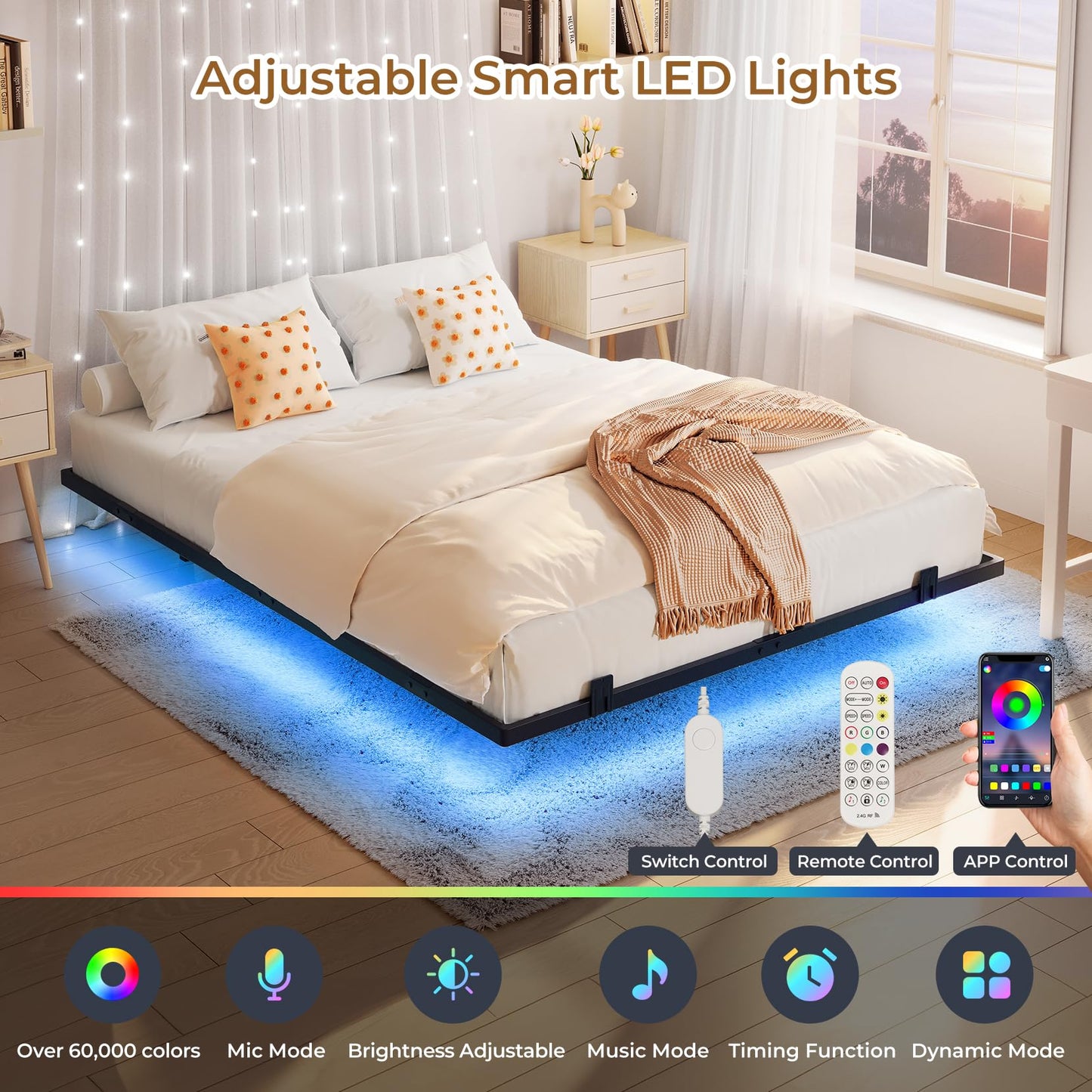 Koorlian Queen Size Floating Bed Frame with RGB LED Lights and Anti-Slip Mattress Stoppers - WoodArtSupply