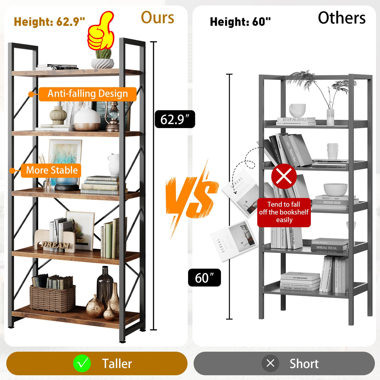 Walsunny Bookshelf, 5 Tier Bookshelves, Home Office Bookcase Shelf Storage Organizer, Free Standing Storage Shelving Unit for Bedroom, Living Room and Home Office,Rustic Brown Shintenchi