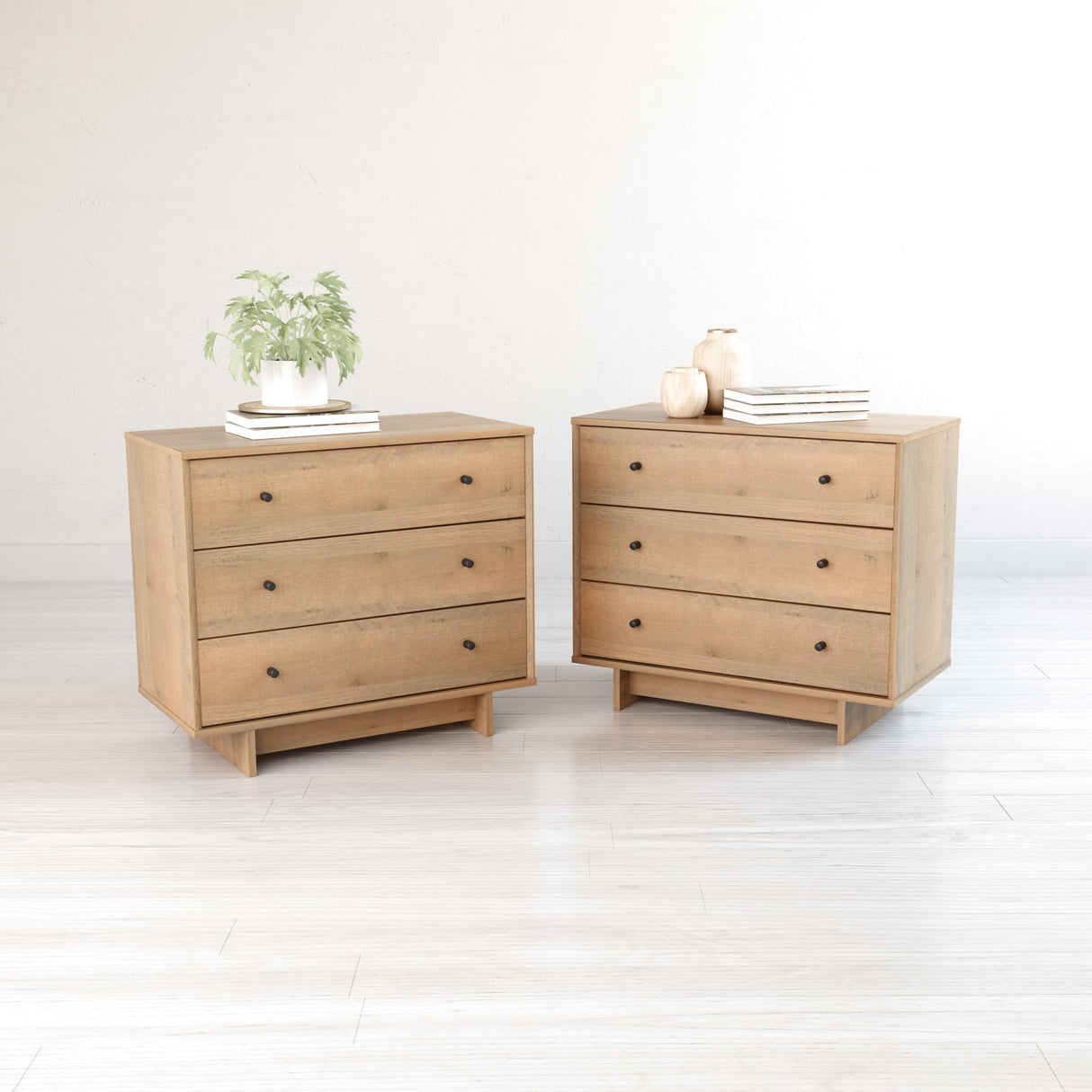 Prepac Finnley 3-Drawer Nightstand in Natural Oak, Extra-Wide Bedside Tables with Storage, Set of 2, Modern End Tables for Home, Bedroom, Living Room, 16" D x 31" W x 26.75" H Prepac