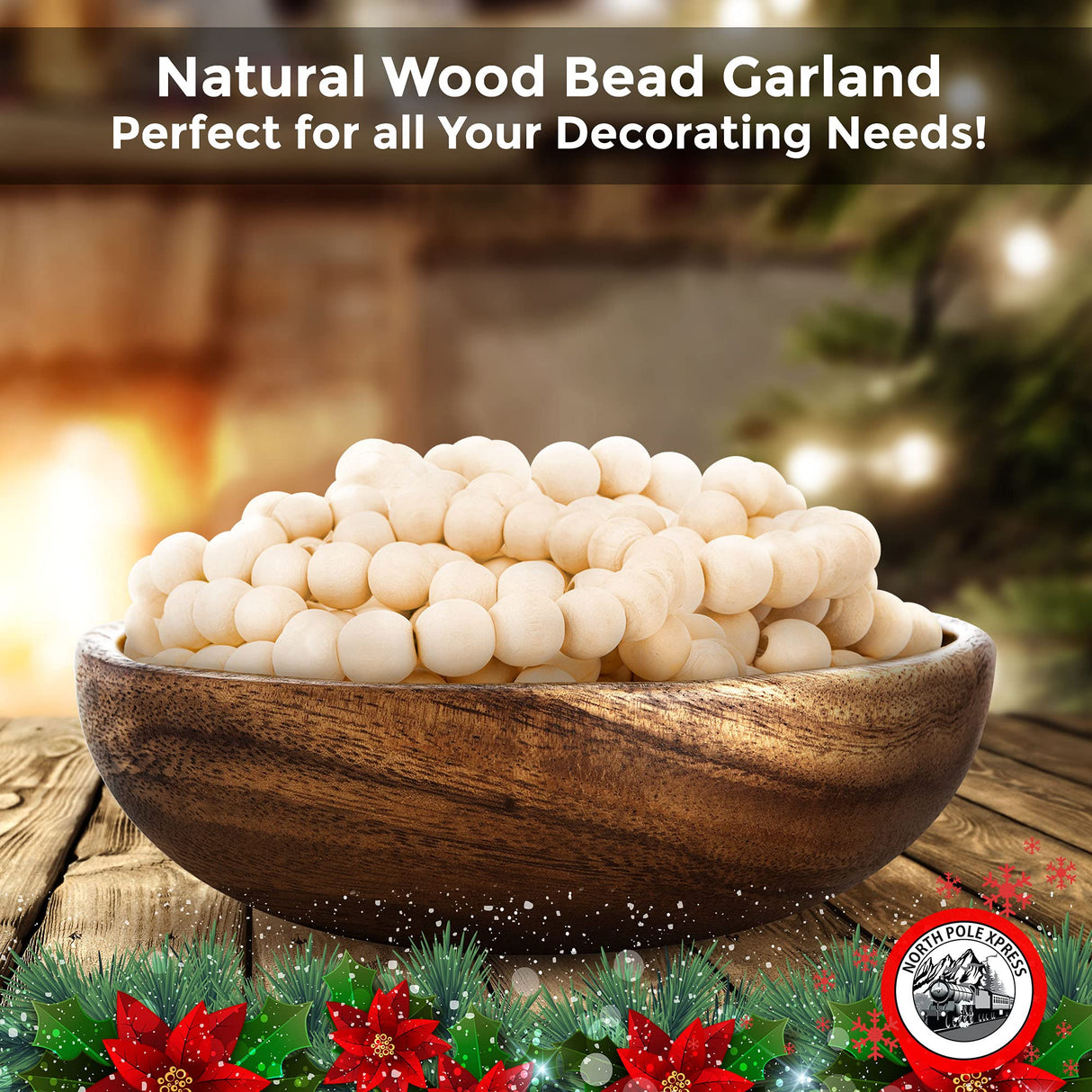 9 Foot Natural Wood Bead Christmas Garland | Wooden Christmas Tree Garland Perfect for Rustic Natural Country Farmhouse Trees | Garland Christmas Decorations for Indoor Use NorthPoleXpress