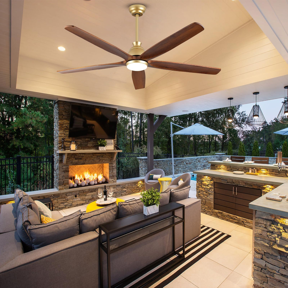 52 Inch Outdoor Ceiling Fans for Patios with Light, Large Airflow Ceiling Fan Indoor Exterior Ceiling Fan Damp Rated, Rustic Wood Ceiling Fan Gold for House Porch Gazebo Commercial, Quiet DC Motor YZEENM