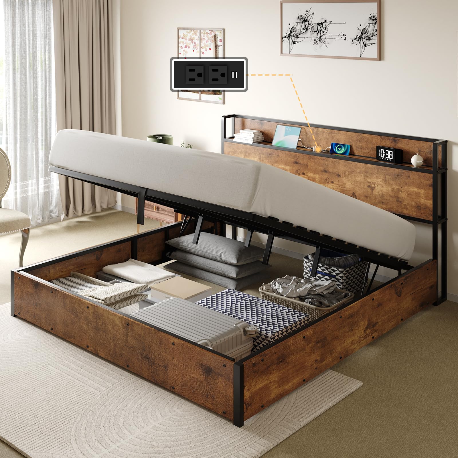 AMERLIFE King Size Lift-Up Storage Bed Frame with Charging Station in Rustic Brown - WoodArtSupply