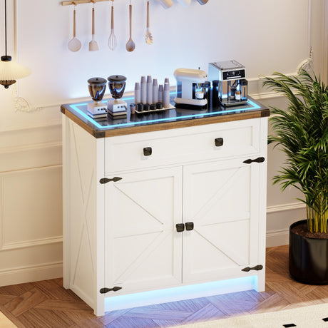 Farmhouse LED Storage Cabinet With Glass TOP,Smart Buffet Sideboard Cabinet with Charging Station,Standing Coffee Bar Cabinet With 2 Doors &Drawer for Bathroom,Kitchen,Living Room,Bedroom,White FREDEES