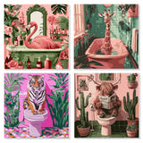 4 Pack Funny Animals Paint by Numbers for Adults, 8x8 Inch Framed Bathroom Theme DIY Painting Kit with Brushes and Acrylic Paints, Giraffe Flamingo Tiger Highland Cow on Canvas for Wall Decor antor