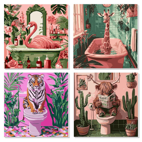 4 Pack Funny Animals Paint by Numbers for Adults, 8x8 Inch Framed Bathroom Theme DIY Painting Kit with Brushes and Acrylic Paints, Giraffe Flamingo Tiger Highland Cow on Canvas for Wall Decor antor